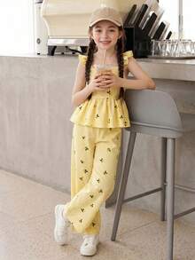 SHEIN Casuvi Kids Casuvi 少女两件套：梭织数码柠檬格纹印花无袖上衣搭配喇叭裤，收腰设计，适合春夏日常休闲及度假穿着。 - 黃色 - 查看 3