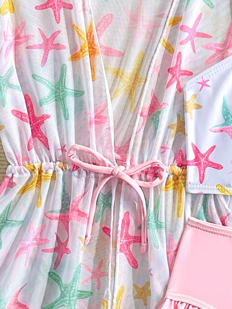 SHEIN Young Girls Swimsuit Set Colorful Starfish Pattern Print Mesh Cover-Up 3-Piece Set Fashion Casual Elegant Luxurious Lively Suitable For Swimming Suitable For Vacation Suitable For Summer - Pink - View 5