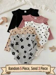 SHEIN Baby Girl Heart, Floral, Ribbed Crew Neck Casual Versatile Autumn Bodysuit 3pcs -Piece Set - Multicolor - View 1