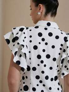 Revavyn Women's Blouse Slim Fit Waist Wide Silhouette Layered Ruffle Butterfly Sleeve Pointed Lapel Button Up Party White And Black Polka Dot Summer - Black and White - View 2