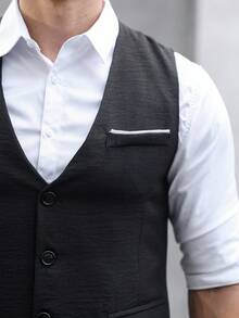 Manfinity Mode 男士純色休閒商務西裝套裝，商務正式西裝含背心與長褲，口袋設計與腰帶設計，適合日常通勤、輕鬆工作環境或半正式場合，也是送給男友與丈夫的理想禮物 - 黑色 - 查看 7