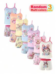 (Random 3 Sets) Girls Cartoon Little Girl Print Soft Basic Camisole Panty Set Winter Baby Pink Baby Blue - Multicolor - View 4