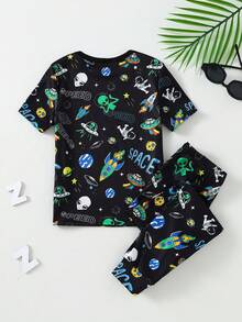 小男孩簡約時尚針織高彈力修身布料卡通外星宇宙太空人酷炫螢光全印花圓領短袖上衣與長褲軟舒適睡衣家居服2件套修身睡衣 - 彩色 - 查看 2