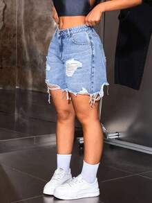 SHEIN Tall CURVE Plus Size Summer Casual Distressed Denim Shorts - Light Wash - View 3