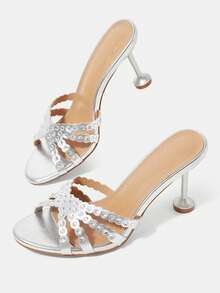 CUCCOO HITCHD Women's Retro New Rhinestone Hollow Open-Toed Round Toe Sexy Stiletto Sandals, Elegant Temperament, Fashionable And Comfortable High-End Slippers - Silver - View 6
