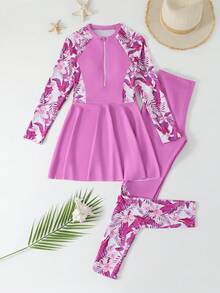 SHEIN 青少年女孩分體式比基尼上衣，柔粉色主體搭配熱帶花卉拼接印花袖子，腋下與側腰拼接粉紫色熱帶花卉，半拉鍊設計，下擺拼接相配熱帶花卉印花，時尚休閒優雅成熟女士風，適合游泳、夏季度假、夏季海灘、海邊 - 彩色 - 查看 1