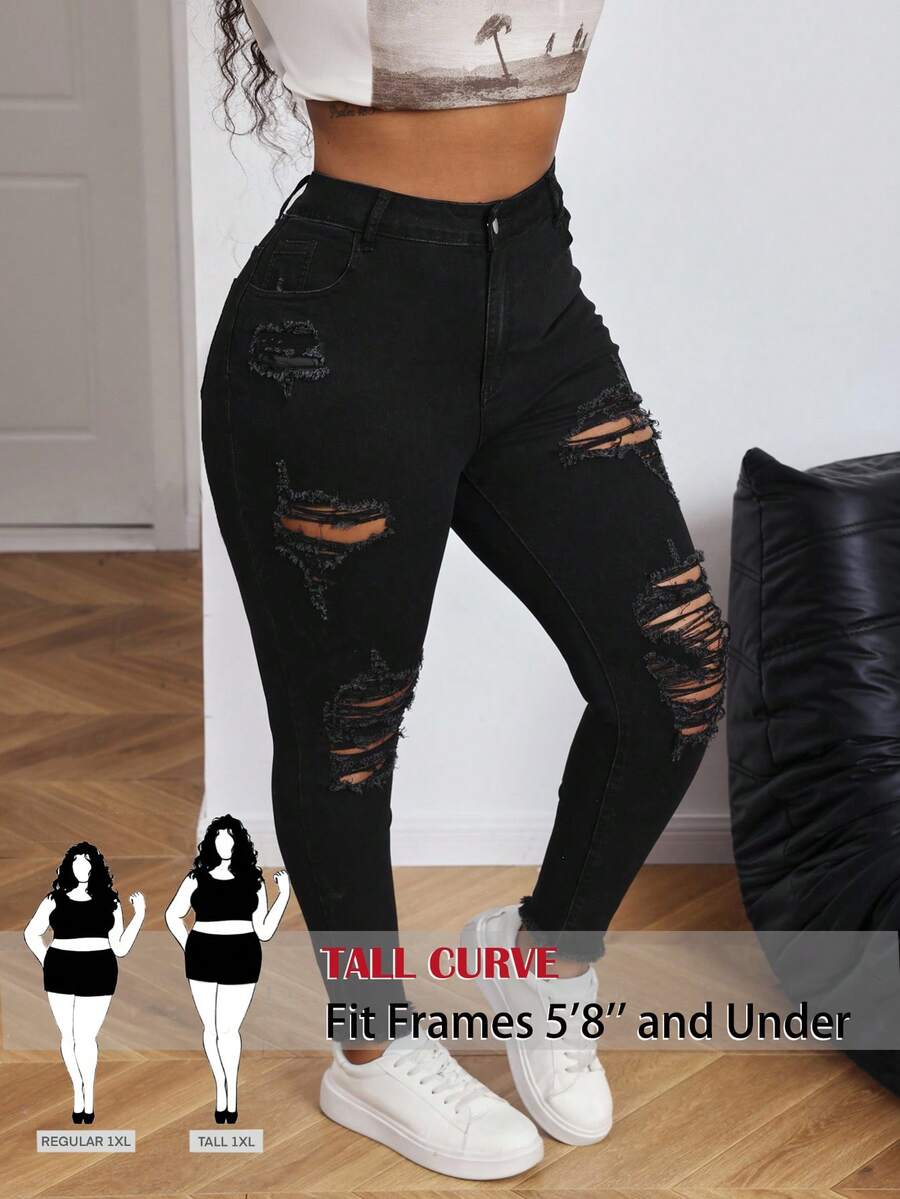 SHEIN Tall CURVE Tall CURVE Plus Size Women's High Waisted Black Ripped Skinny Jeans, Distressed Stretch Denim Pants For Summer Streetwear Sexy Everyday Wear Brunch - Black - View 1