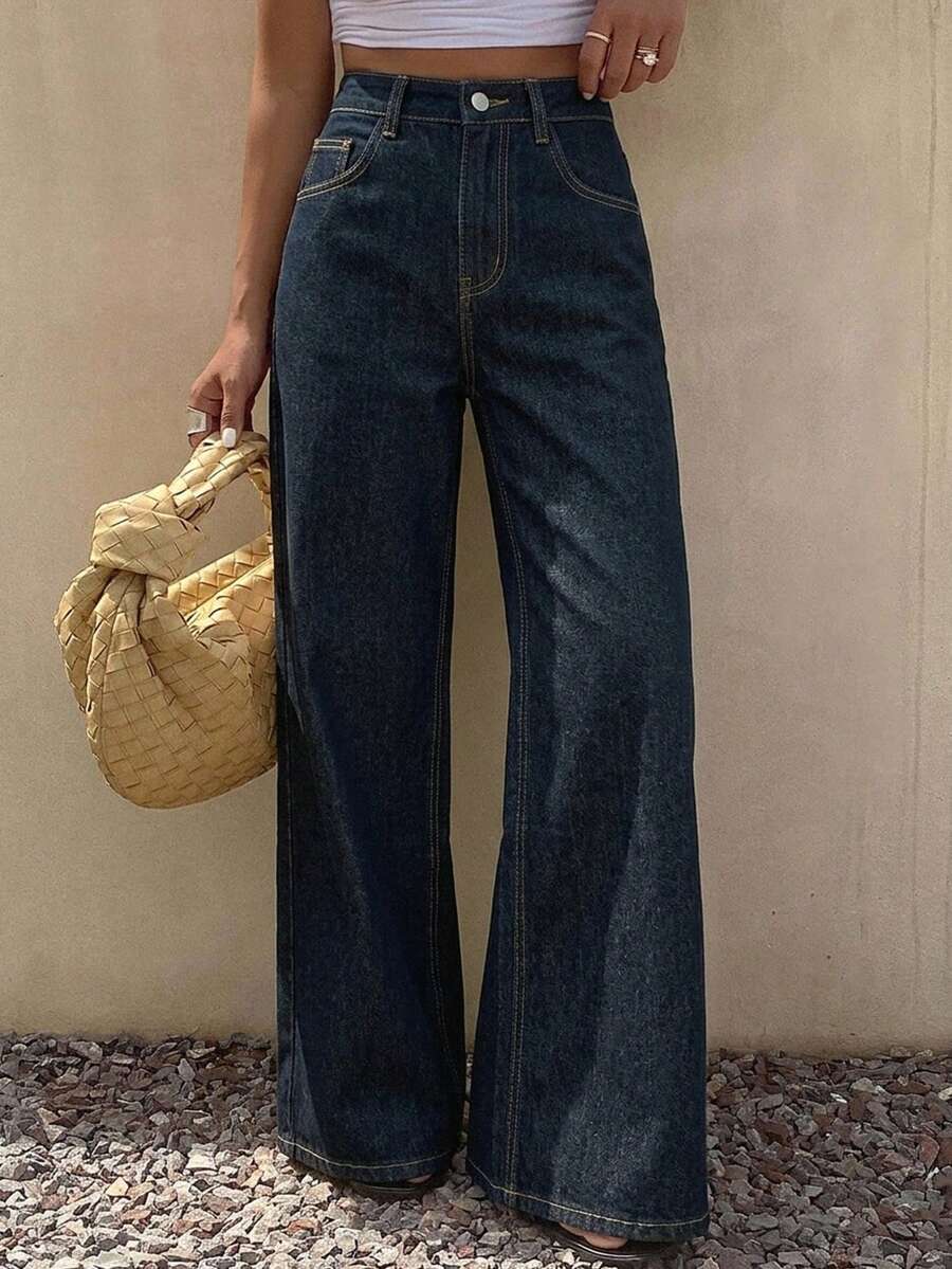 Dazy-Less Women Solid Color Straight Leg Jeans Old Money Old Money Style Business Casual Woman - Dark Wash - View 1