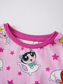 THE POWERPUFF GIRLS X SHEIN 女童可愛卡通印花圓領上衣與短褲家居服 - 粉色 - 查看 3