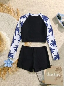 SHEIN 少女插肩袖热带植物印花上衣和短裤泳装套装，青少年两件套泳衣，款式保守，长袖泳衣上衣，青少年两件套泳装，青少年两件套泳衣 - 彩色 - 查看 2