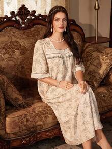PalaceNights Vintage Floral Palace Style Embroidered Patchwork Square Neck 5-Sleeve Loose Long Women's Nightgown - Multicolor - View 5