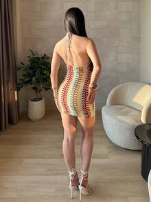 hhfernanda Women's Colorful Jacquard Knitted Contrast Color Ribbed Edge Halter Backless Deep V-Neck Mini Beach Dress,Boho Clothes Women Vacation Elegant Summer - Multicolor - View 2