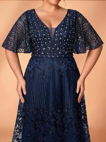 Serin Gaun Pengantin Ukuran Besar Elegan Romantis Lengan Ruffle Mewah Payet Patchwork Satin Bertatahkan Mutiara dan Rhinestones Potongan A-Line Besar Cocok untuk Pesta Pernikahan, Perayaan, Makan Malam Formal, Gaun Ibu Pengantin - Navy Blue - View 8