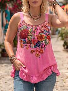 Ceyna Plus Size Women's French Casual Elegant Floral Print Tank Top - Hot Pink - View 3