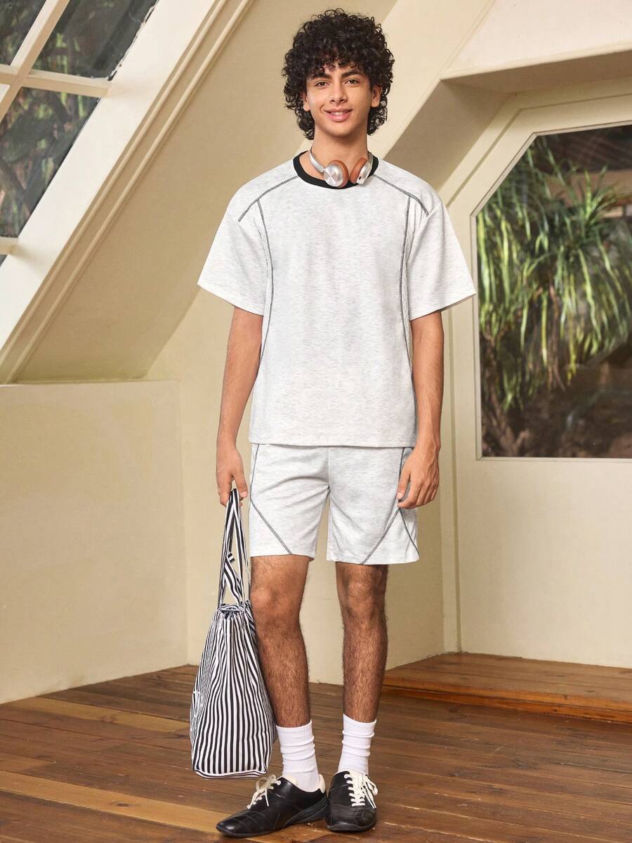 Men's Round Neck Short Sleeve T-Shirt And Pocket Shorts Casual Daily Outfit - Light Grey - View 1