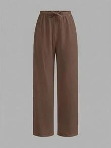 SHEIN 青少年女孩休閒紋理卡其色長褲 - 卡其色 - 查看 5