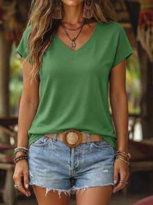EMERY ROSE Casual Solid Color V-Neck T-Shirt, Versatile For Summer - Olive Green - View 1