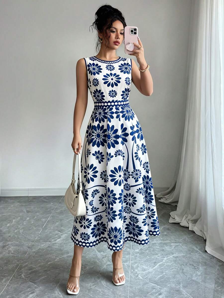 Elenzga Fashionable Sleeveless Full-Print Women's Dress - Blue - View 1