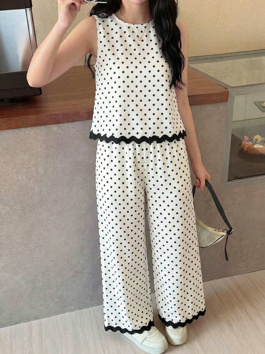 SHEIN 青少年女孩黑色飾邊圓領無袖波點兩件套,時尚夏季穿搭,優雅波點扇形飾邊背心與寬腿褲兩件套,夏季度假穿搭 - 黑與白 - 查看 1