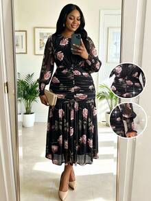 SHEIN Lady CURVE 大尺碼優雅通勤花卉印花洋裝 - 彩色 - 查看 1
