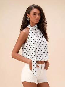 Travachic Blusa elegante de mujer con estampado de lunares y cuello de corbata, conjunto de verano para mujer, top elegante, top de lunares, top de verano - Blanco - Ver 6