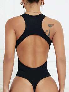 Sirith Sexy Solid Backless Sleeveless Jumpsuit Sports - Black - View 2