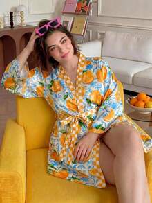 Chillnights Casual Vacation Fruit Plaid Color Block Geometric Print Satin Plus Size Robe - Multicolor - View 4