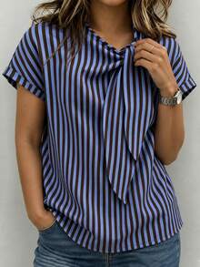 Linhara CURVE Women's Spring/Summer Blue & Brown Striped Casual Commute Top, Minimalist Design, Asymmetrical Neckline, Loose Fit, Flattering, Rolled Cuffs, Lazy Style, Linen, Comfortable, Versatile - Blue - View 1