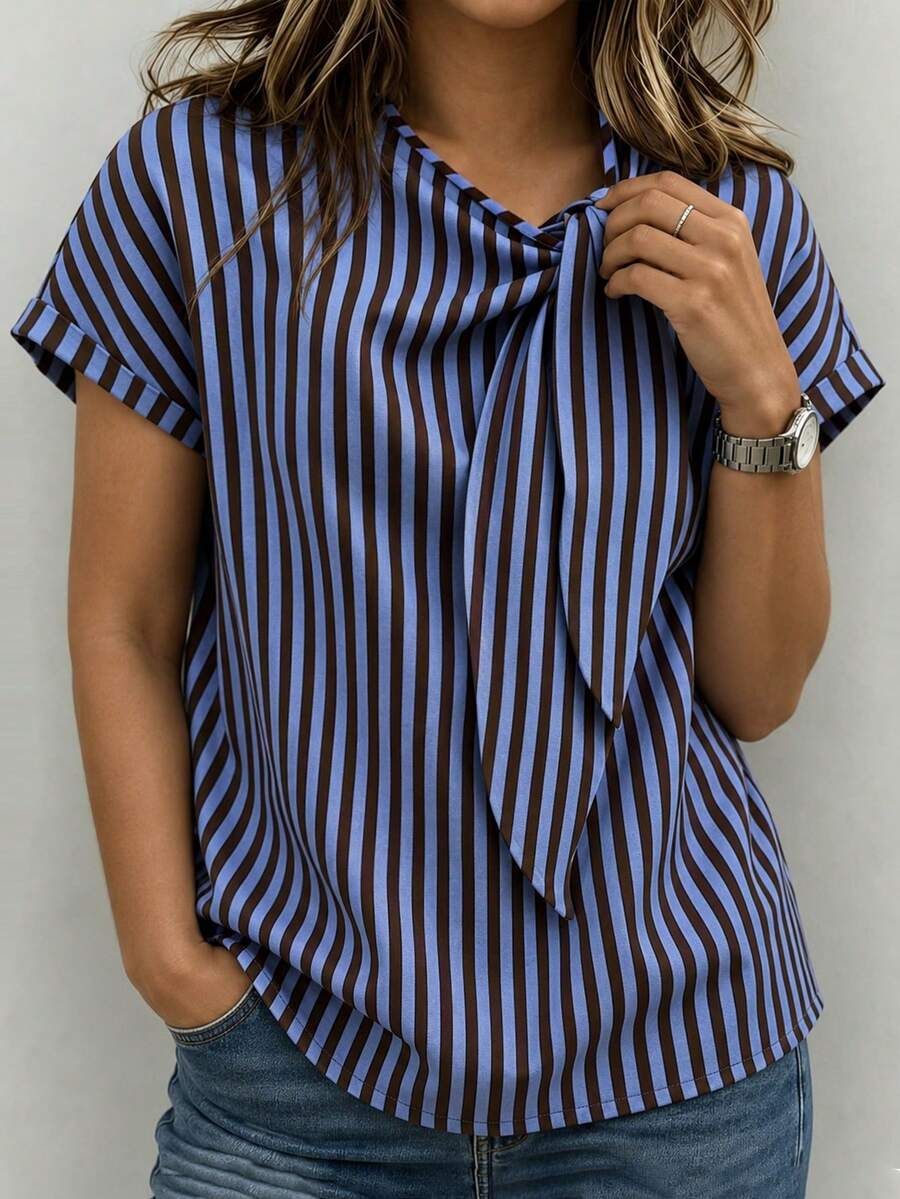 Linhara CURVE Women's Spring/Summer Blue & Brown Striped Casual Commute Top, Minimalist Design, Asymmetrical Neckline, Loose Fit, Flattering, Rolled Cuffs, Lazy Style, Linen, Comfortable, Versatile - Blue - View 1