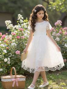 SHEIN 女童白色花卉網紗花瓣刺繡洋裝，春夏正式禮服，適合婚禮花童、生日派對、舞會，短袖薄紗裙 - 白色 - 查看 4