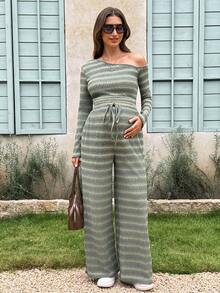 Lyckli Women's Maternity 2-Piece Casual Set: Striped Asymmetric-Neck Long-Sleeve T-Shirt & Drawstring-Waist Pants (Autumn) Fall - Green - View 7