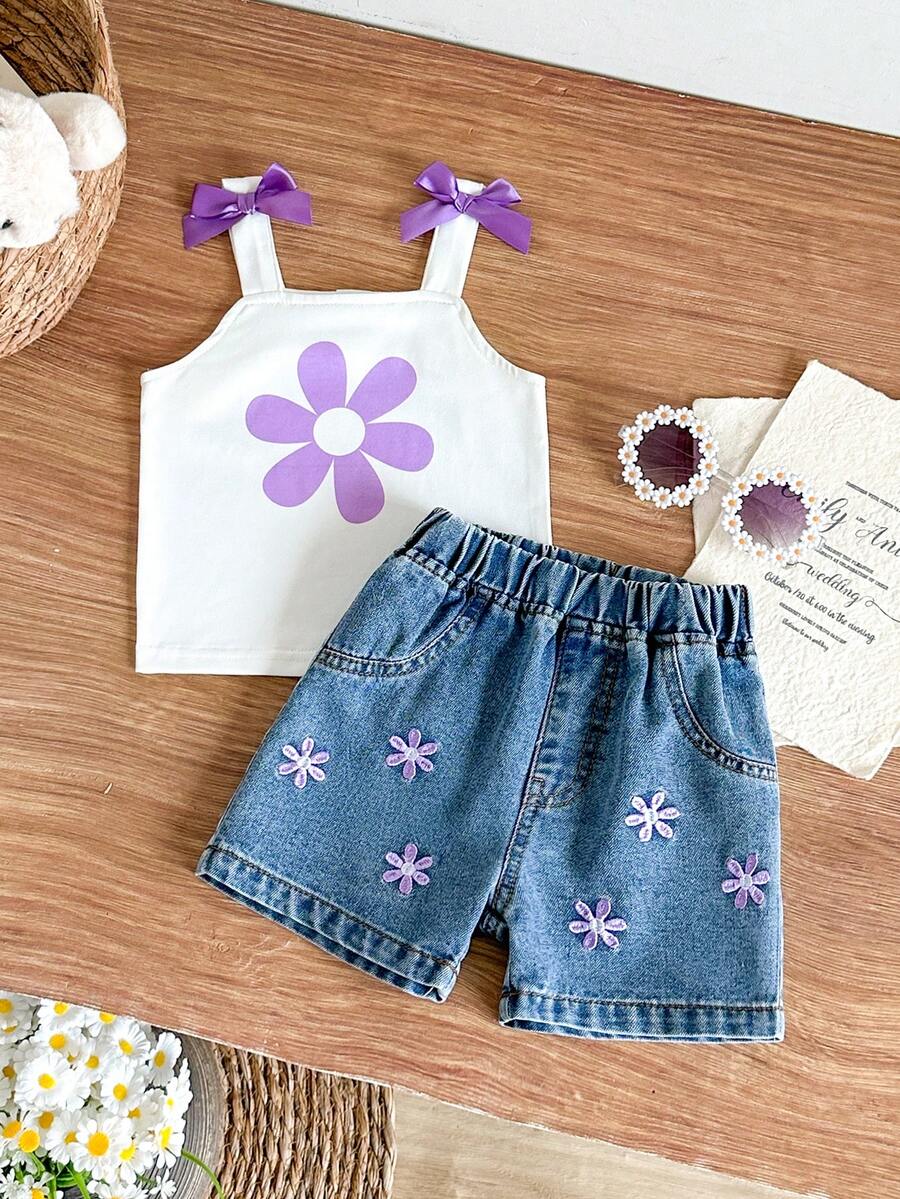 SHEIN Vintaside Kids 女嬰熱門櫻桃印花細肩帶上衣與短褲刺繡時尚套裝 - 白色 - 查看 1