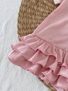 SHEIN Playful Pals 夏季嬰兒與女嬰針織POLO領短袖休閒運動可愛奶油黃直筒洋裝，彩虹滿版印花，下擺荷葉邊抽褶設計 - 粉色 - 查看 8