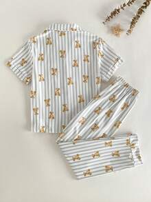 SHEIN 男孩可愛熊圖案灰白條紋短袖上衣與長褲優雅舒適兩件式居家服套裝 - 淺灰色 - 查看 2