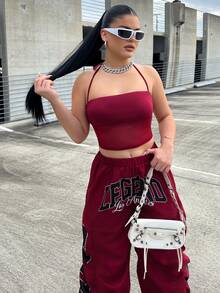 Dayanna Comas Women's Semi-Sheer Lace & Mesh Splice Halter Casual Tank Top Summer - Burgundy - View 6