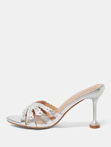 CUCCOO HITCHD Women's Retro New Rhinestone Hollow Open-Toed Round Toe Sexy Stiletto Sandals, Elegant Temperament, Fashionable And Comfortable High-End Slippers - Silver - View 2