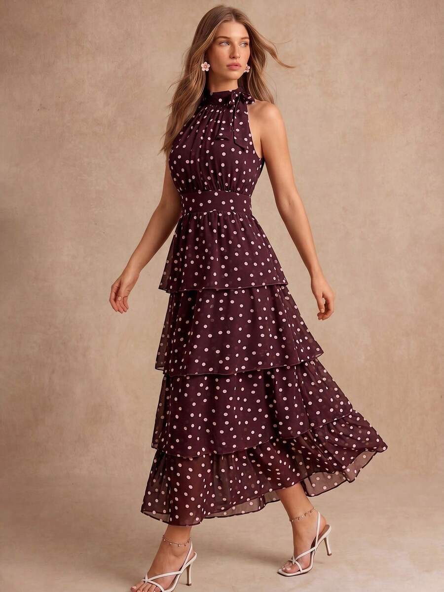 Enchnt Premium Summer Romantic Women's Elegant Brown Polka Dot Print Cake Hem Halter Neck Dress,Graduation Dress,Festival Outfits,Back To School,Fall - Brown - View 1