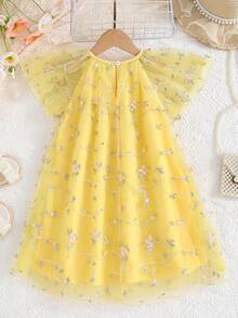 SHEIN Glamorique Kids 年轻女孩母亲节花童夏季花裙刺绣公主裙娃娃A字生日礼物派对节日夏装墨西哥儿童节多巴胺裙子 - 黃色 - 查看 2