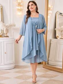 Reflora Plus Size Elegant Party Evening Wedding Guest Rhinestone Decor Solid Color Jacket Dress Dusty Blue Autumn - Blue - View 6