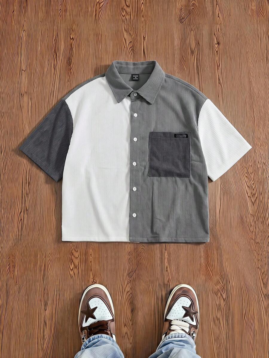 SWAVVY Kemeja Lengan Pendek Korduroi Patchwork Pria, Musim Semi/Panas - MultiWarna - View 1