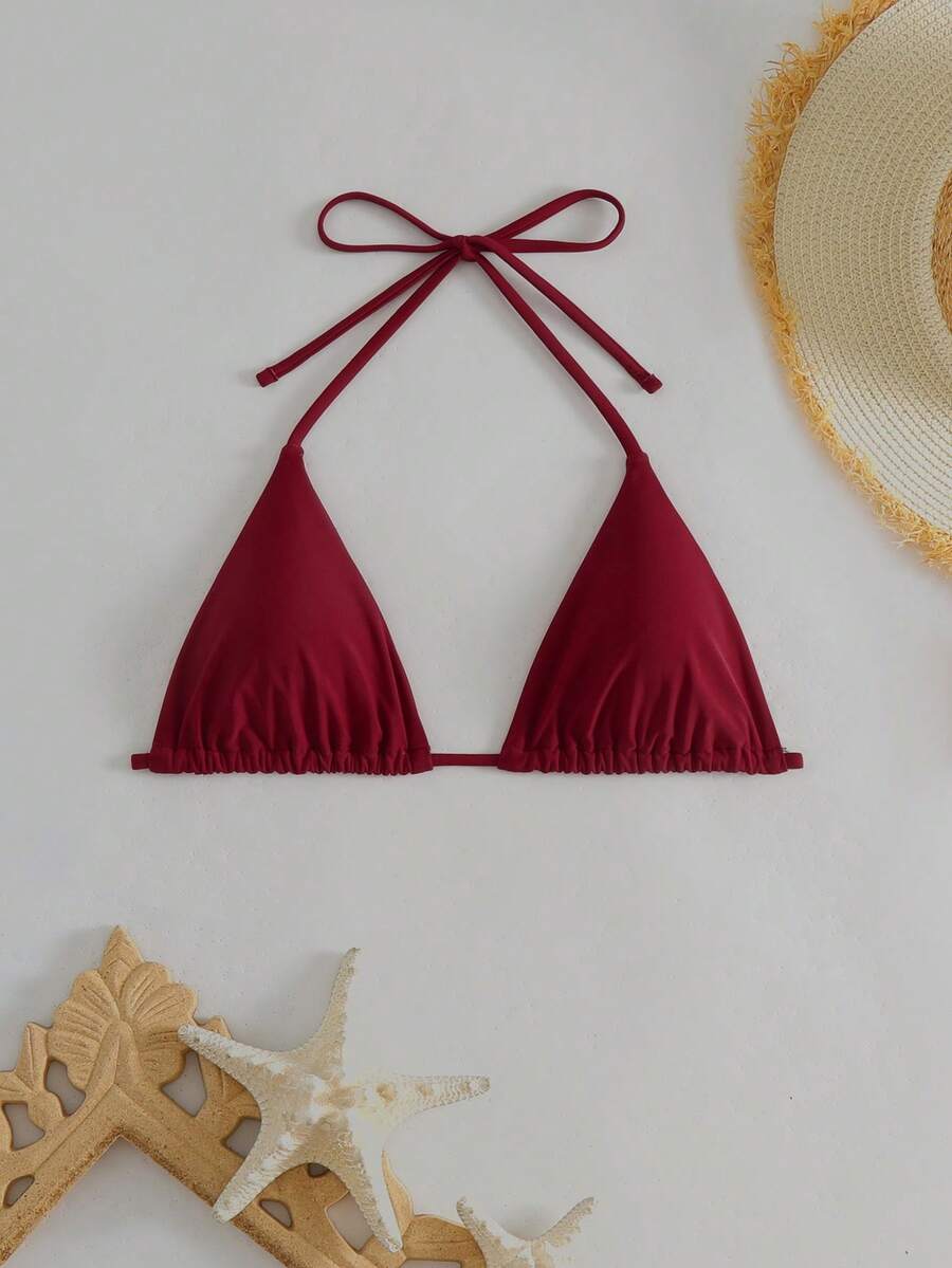 Swim Vcay Top de bikini halter de unicolor minimalista 2025, con tirante desmontable con nudo de lazo, para el verano - Burdeos - Ver 1