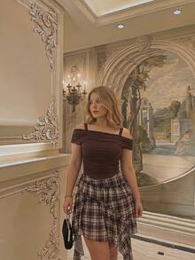SHEIN MOD Plus Size Brown Plaid Asymmetric Ruffle Design Skirt, Vintage Preppy Style, Casual Outing Outfit, Retro Daily Wear - Brown - View 2