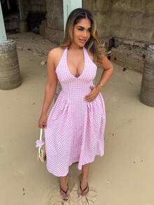 Maria Perezxox Damen Lässig Kleid mit Rückenschnürung und Karomuster, Polka Dot Kleid Rosa Elegant Party - Pink - Übersicht 4