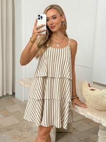 Easowa Multi-Layer Ruffle Hem A-Line Spaghetti Strap Dress With Yarn-Dyed Blue And White Striped Pattern Beach Summer Boho - Multicolor - View 4