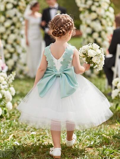 SHEIN Baby Girl Princess Dress, Partywear, Flower Girl, Halloween Children Birthday Party, Wedding Holiday Dress, Back Large Bow, Double Layer Shaped Hem Mesh Dress, White Tulle Dress
