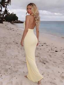 Turnttoni Elegant Yellow Cream Sexy Deep V-Neck Dress For Women, Spring/Summer,Fall,Valentine Outfits For Women Party - Yellow - View 4
