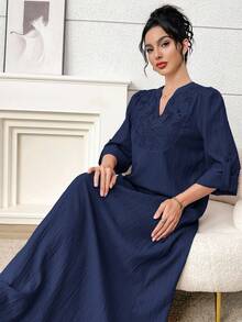 Al Najma 女款優雅端莊阿拉伯風蕾絲長袖洋裝，適合晚宴派對與約會 - 藏蓝色 - 查看 3