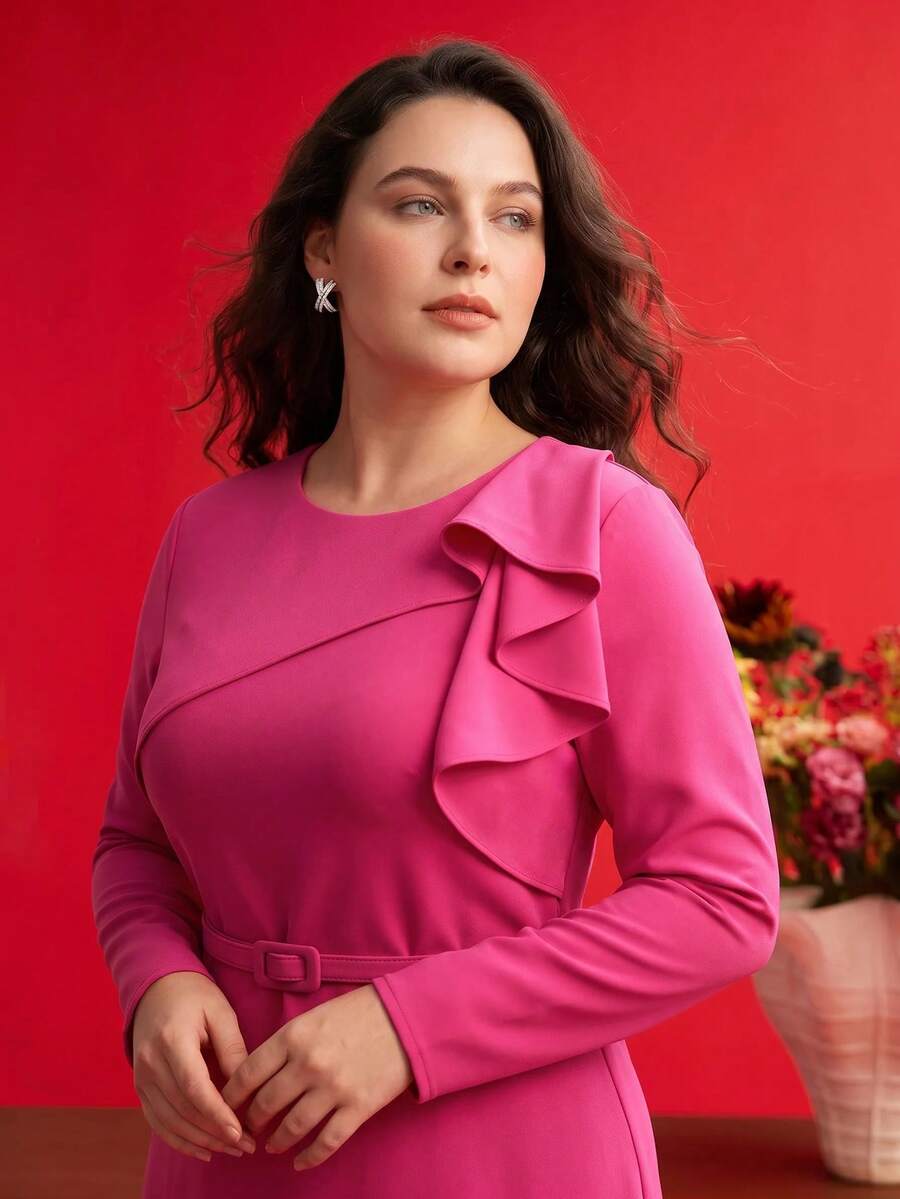 MOTF PREMIUM PLUS SIZE ELEGANT RUFFLE TRIM LONG SLEEVE DRESS - Hot Pink - View 2