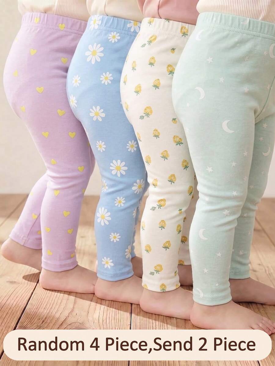 Souflis Souflis 隨機2件女嬰緊身褲,休閒百搭柔軟可愛心形、花朵、草莓與星月圖案,適合春夏秋休閒穿著,多色甜美可愛印花長褲,隨機2件驚喜盲盒 - 彩色 - 查看 1