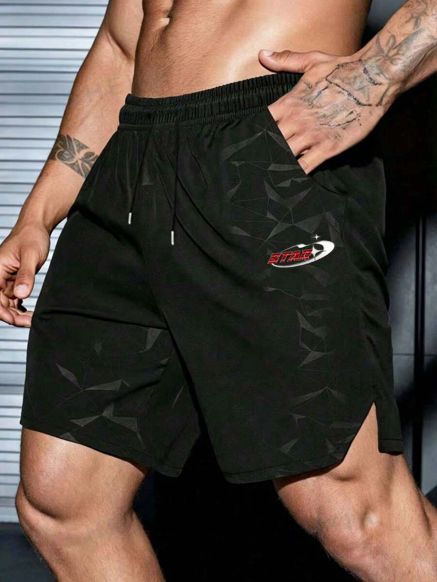 Gym Rark 男士字母印花拼色抽繩腰口袋運動短褲 - 黑色 - 查看 1
